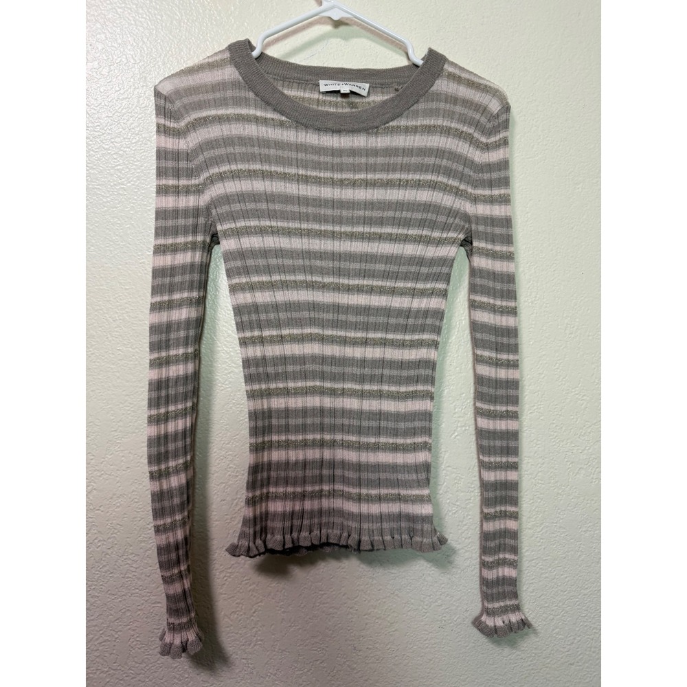 White + Warren XS Grey Pink Metallic Striped Ribbed Lettuce Trim Knit Top